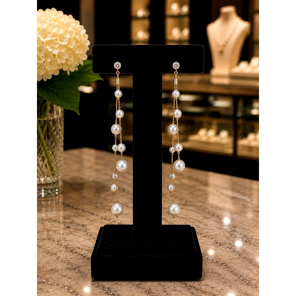 Long Tassel Chandelier Faux Pearl Rhinestone Earrings